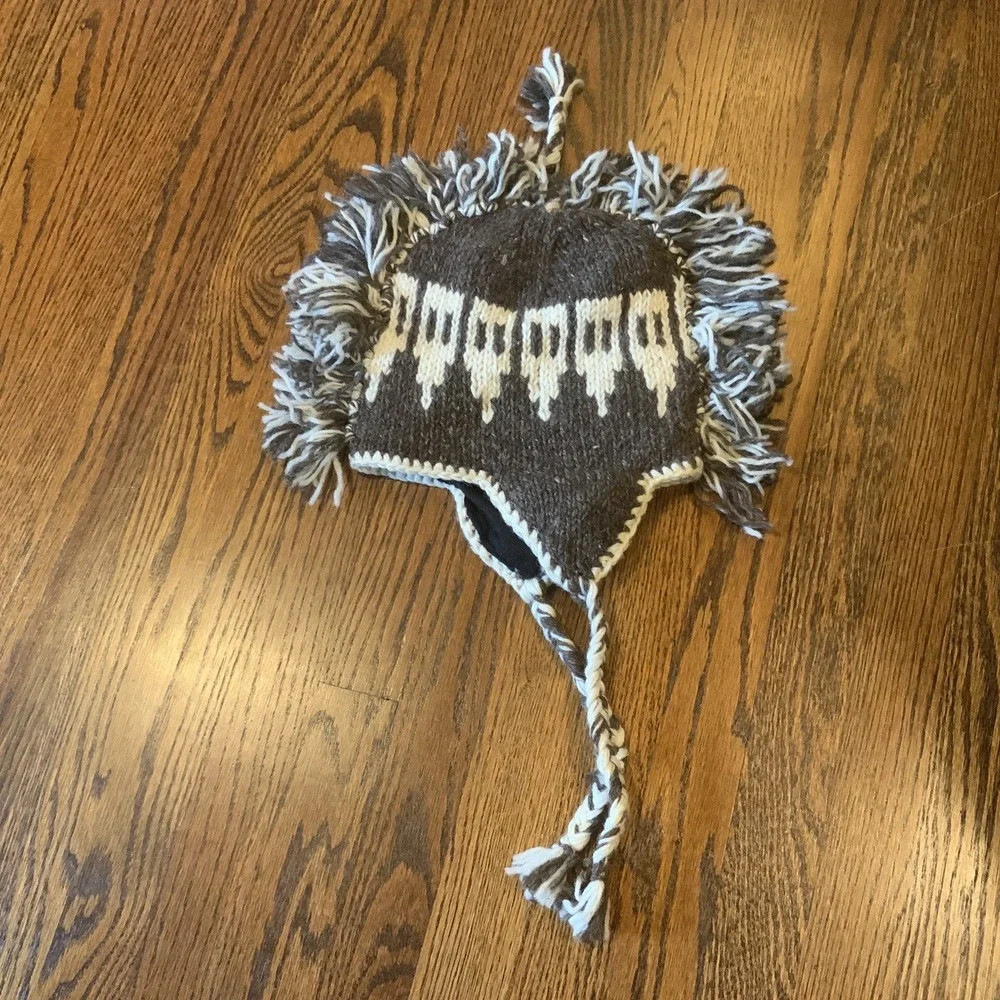 Knit Wool Peruvian Style Earflap Hat With Mohawk‎ Fringe Handmade In Nepal